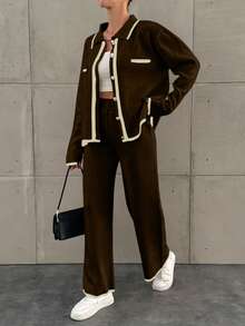 EURMUSE 2pcs Women Winter Contrast Color Drop Shoulder Cardigan And Knitted Sweatpants Set - Brown - View 5