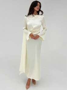 Aloruh Romantic Date Party Flare Sleeve Backless Ribbon Maxi Apricot Satin Dress For Women Bride - Apricot - View 4