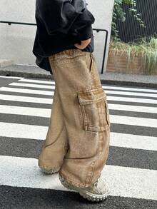 SHEIN Little Byeori 男童做旧街头酷炫卡其色牛仔抽绳腰宽松工装牛仔裤，休闲百搭，适合秋冬日常穿着和街头潮流，也适合万圣节、圣诞节、新年、感恩节等场合。 - 卡其色 - 查看 5