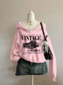 SHEIN EZwear Áo nỉ hở vai in hình xe hơi và khẩu hiệu mùa thu/đông - Hồng - Xem 6