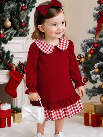 Souflis Souflis Vestido holgado casual y lindo para niña bebé con cuello Peter Pan, mangas con volantes y estampado de guinga en contraste, para primavera/otoño