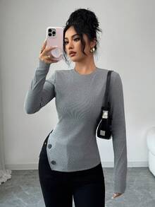 Elenzga Nuova maglietta da donna con bottoni, orlo asimmetrico, maniche lunghe, vestibilità slim, casual e adatta per l'ufficio, autunno/inverno - Grigio - Visualizzare 3