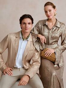 Manfinity CityGents Men's Fashionable Commuter Metallic Suit Jacket Men Casual Champagne Outfits Beige Suit For Men