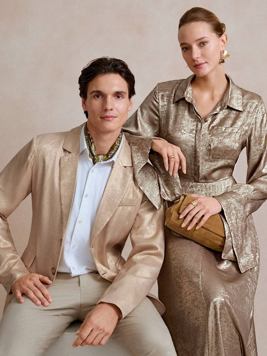 Manfinity CityGents Men's Fashionable Commuter Metallic Suit Jacket Men Casual Champagne Outfits Beige Suit For Men