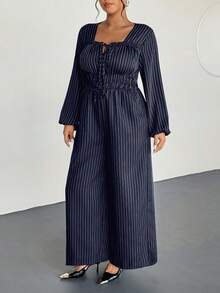 Firerie Plus Size Casual Striped Wide Leg Jumpsuit - Navy Blue - View 7