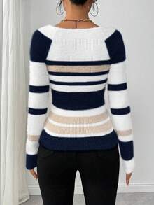EMERY ROSE Women's Contrast Color Minimalist Pullover Sweater, Everyday Wear - Multicolor - View 2
