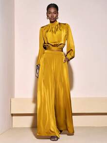 Zivah 20  Winter New Arrivals - Global Carnival Season: Christmas, New Year, Valentine's Day, Parties, Evenings, Dates, Gatherings, Birthday Parties, Preppy Style, Student Wear, Everyday Outings, Basic And Versatile, Casual, Cruise Travel, Influencer Hot Item, Elegant, Commuter, Business Casual, Simple, Stand Collar Long Sleeve, Gathered Cropped Women's Top + Racer Pleated Straight Leg Trousers, With Pockets And Zipper, Mustard Yellow Satin Shimmering Fabric, Autumn/Winter Set, Commuter Set, Party Set, Cocktail Party Set, Yellow Set, Elegant Set, Women's Two-Piece Set - Mustard Yellow - View 2