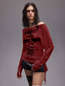 ROMWE Grunge Punk Kpop浪漫朋克风十字架字母印花露肩长袖T恤女款