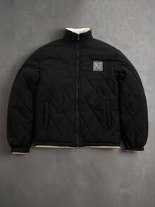 PAVTROS 男士休闲绗缝拉链抓绒外套，冬季男士保暖外套，Y2K风格拉链外套，街头风外套，Y2K风格拉链男士绗缝拉链外套，街头风拉链外套 - 黑色 - 查看 1