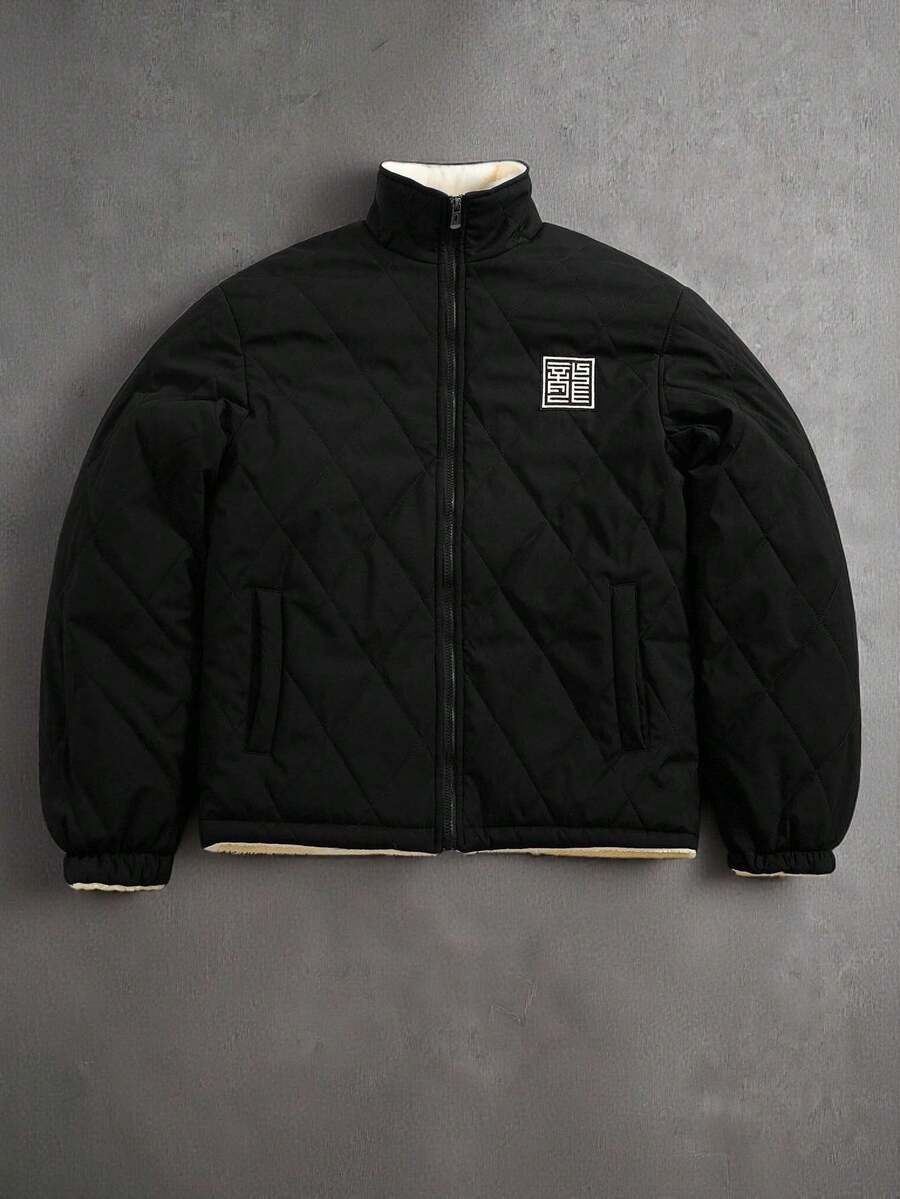 PAVTROS 男士休闲绗缝拉链抓绒外套，冬季男士保暖外套，Y2K风格拉链外套，街头风外套，Y2K风格拉链男士绗缝拉链外套，街头风拉链外套 - 黑色 - 查看 1