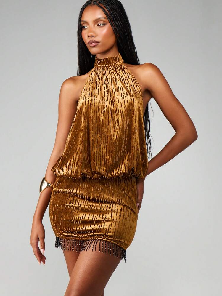 MISSGUIDED Metallic Halter Neck Mini Dress With Fringe Hem Detail Party Evening Bodycon