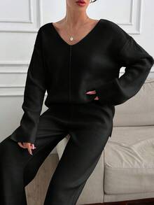 SHEIN Tall Tall Women V-Neck Oversize Sweater And Knit Pant Set - Black - View 2