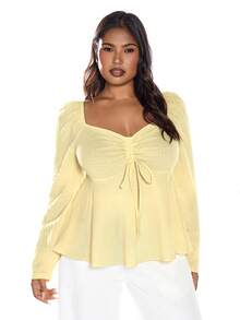 Solavibe 大码秋冬休闲度假上衣，适合外出穿着。这款大码秋冬休闲度假T恤采用心形领口和前部抽绳设计，面料质感针织，适合度假、秋冬季节、校服、简约乡村风、办公装、复古风、教师装、约会装、毕业季等场合。 - 黃色 - 查看 3