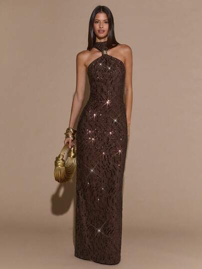 SHEIN BAE فستان أنيق مزين بأشرطة معدنية على الرقبة، مناسب لحفلات الكوكتيل والمواعيد الرومانسية وارتداء الطبقات في فصلي الخريف والشتاء، وحفلات المناسبات الرسمية وحفلات عيد الميلاد وحفلات هالوين