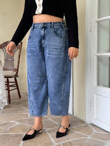 Flexra Quần Jeans Boyfriend Cỡ Lớn Có Nút Thắt Lưng Túi Ống Thẳng Thời Trang Thường Ngày Vừa Vặn Thoải Mái Đã Giặt - Rửa trung bình - Xem 4