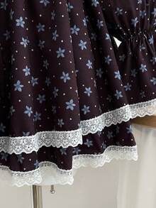 Elamini 女式优雅休闲通勤百搭腰部收紧双层下摆蕾丝花边棕色碎花长袖短款连衣裙 - 彩色 - 查看 4