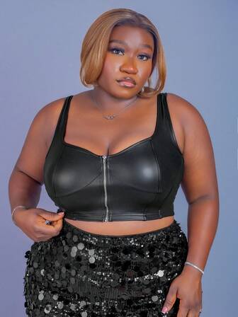 CurvyTilda Plus Zip Up PU Leather Tank Top, Summer, For Hourglass Body Shape
