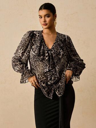 Travachic Plus Size Women Chiffon Floral Print Long Sleeve Blouse, Leopard Print Ruffle Hem Shirt