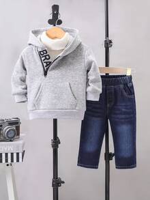 SHEIN 2pcs Baby Boy Fall & Winter Outfit: Oblique Collar Letter Print Hoodie Sweatshirt And Versatile Elastic Waist Denim Pants, Fashion Casual Separates - Grey - View 3