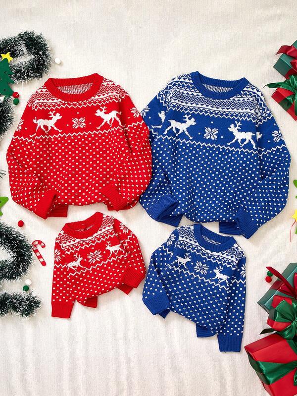 SHEIN Kleine Jungen Marineblauer Rentier-Muster Rundhals Langarm Pullover