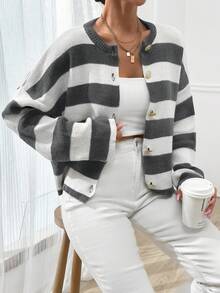 EURMUSE Women Stripe Pattern Round Neck Front Button Cardigan - Dark Grey - View 6