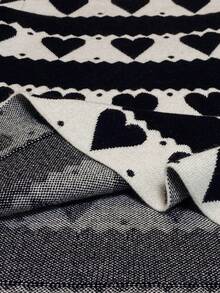 SHEIN Young Girl Contrast Color Round Neck Long Sleeve Heart Pattern Casual Sweater Dress - Black and White - View 8