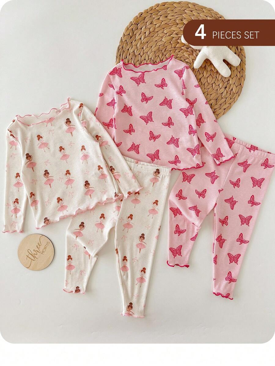 SHEIN 4pcs Baby Girls Long Sleeve Pajamas With Ballerina And Butterfly Prints Baby Girl Clothes Butterfly Baby Clothes Ballerina Baby Girl Pajamas Halloween Graphic Fall Winter
