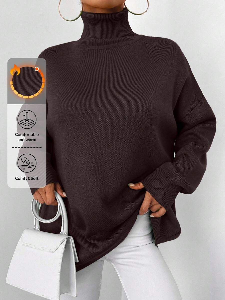 EURMUSE 女式纯色简约高领落肩长袖毛衣，秋冬 - 咖啡棕 - 查看 1