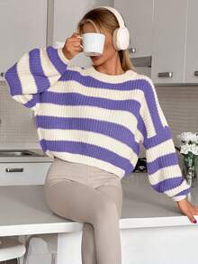 EURMUSE 女士条纹罗纹针织厚毛衣 - 紫丁香色 - 查看 3