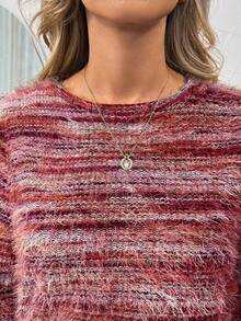 SHEIN LUNE 女式休闲仿皮草圆领长袖T恤 - 紅色 - 查看 6