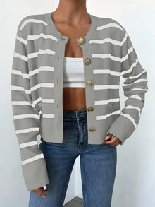 EURMUSE Women's Round Neck Button-Up Long Sleeve Striped Casual Cardigan - Grey - View 5