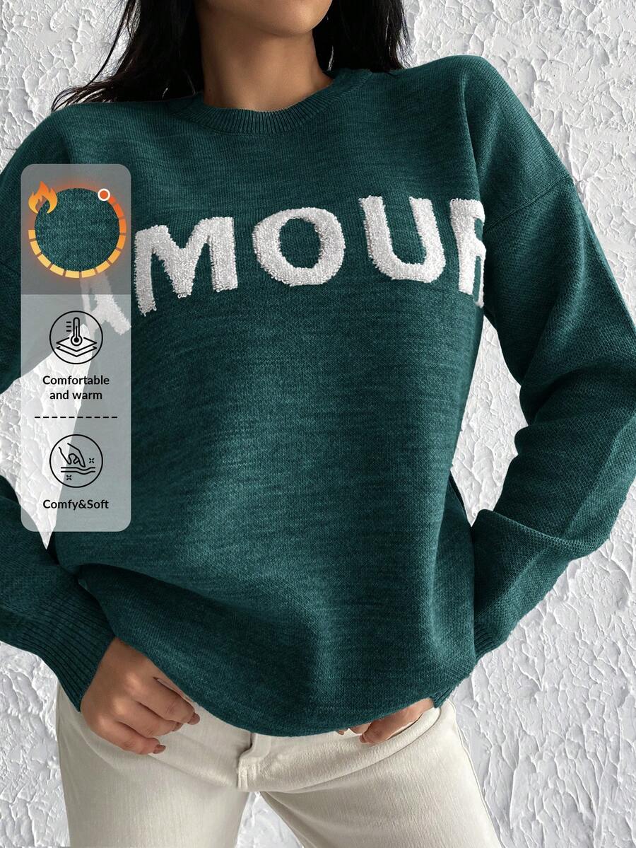 Letter Pattern Drop Shoulder Sweater - Dark Green - View 1