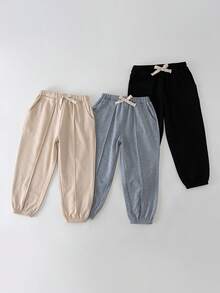 THE HAPPY LOOK 3pcs Young Boy Elastic Waist Pants Set With Decorative Ribbon, Versatile & Comfortable - Grey - View 5
