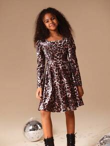 SUMWON Tween Leopard Print Velvet Long Sleeve Fit And Flare Dress With Bow Back Detail - Brown - View 5