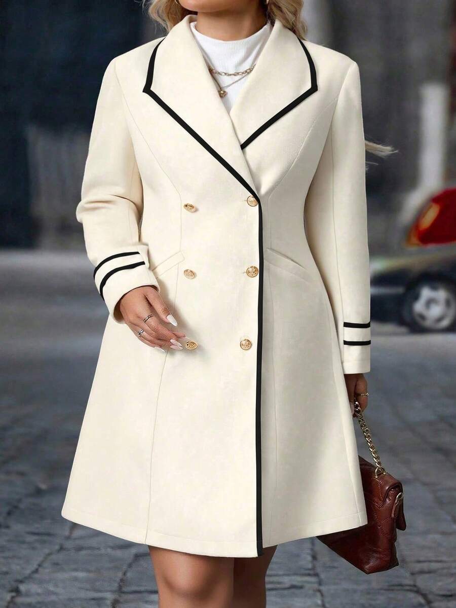 Elenzga Damen eleganter taillierter doppelreihiger Mantel mit langen Ärmeln in Große Größen, Herbst/Winter - Aprikosenfarben - Übersicht 1