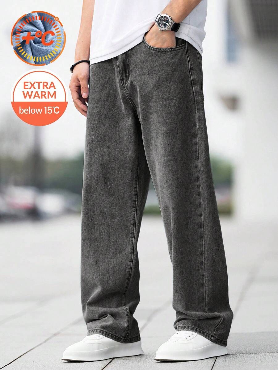 青少年男孩时尚休闲 Y2k 复古酷炫街头风回归校园学院风秋冬基础款蓝色牛仔羊毛底宽松牛仔裤，适合日常穿着、秋冬季节锐舞派对以及居家穿着，街头风校园宽松牛仔裤 - 灰色 - 查看 1