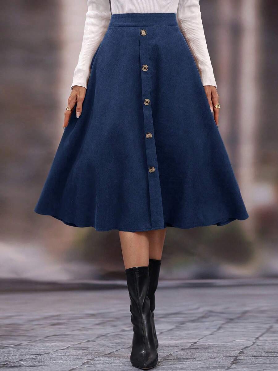 EMERY ROSE Váy chữ A cài nút thường ngày cho nữ, mùa thu - Màu xanh hải quân - Xem 1