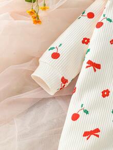 SHEIN 女婴休闲可爱樱桃印花针织连体衣，含发带 - 彩色 - 查看 5