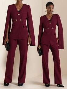 Vesra Conjunto de traje con cuello en V, falso bolsillo, mangas acampanadas y bajo con abertura - Rojo violeta - Ver 1