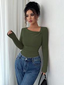 Selianne Autumn/Winter New Solid Color Brushed Ribbed Oblique Collar Pleated Long Sleeve T-Shirt, Slim Fit Casual Top - Army Green - View 6