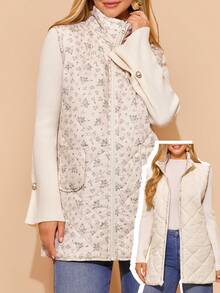 Amorya معطف خارجي أنيق وكاجوال للنساء بدون أكمام وياقة عالية، مطبوع بزهور المشمش، مناسب للخريف والشتاء