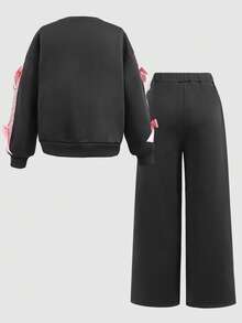 SHEIN 2 Stücke Tween Mädchen Lässig Mode süße Schleife Muster Kontrast Farbe Schleife Dekor Rundhals Pullover Sweatshirt & gerade geschnittene weite Bein Hose Set, Herbst/Winter Sweatshirt Outfit - Dunkelgrau - Übersicht 3