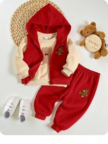 SHEIN Conjunto de 3 piezas para bebé niño: 1 pieza Chaleco con capucha con cierre de cremallera y peluche de oso informal y suelto, 1 pieza Pantalones deportivos de ajuste relajado, 1 pieza Suéter de cuello redondo a juego para uso casual, en el hogar u outdoor, otoño/invierno - Rojo - Ver 2