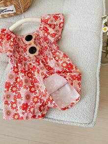 SHEIN Newborn Baby Girls' Cute Summer Floral Print Short Sleeve Romper