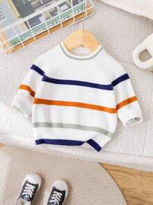 SHEIN Babyboy/Babygirl Cute Striped Long Sleeve Sweater, Versatile For Autumn/Winter