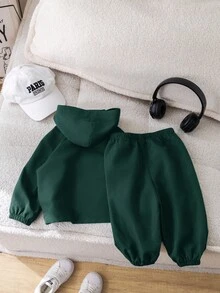 SHEIN 2 件装男婴橄榄绿色连帽衫，半开襟，松紧腰裤套装，休闲运动装，适合外出和室内穿着，秋季 - 墨綠色 - 查看 9