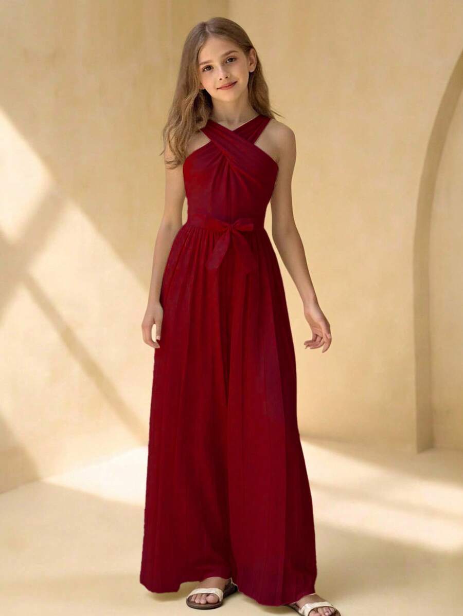 Girls' Round Neck Sleeveless Waist Splicing Pleated Elegant Party Jumpsuit - Burgundy - View 1