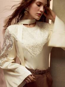 MOTF PREMIUM CONTRAST LACE EMBROIDERY BLOUSE - Apricot - View 5