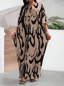 SHEIN Lady 女式 V 领 3/4 袖花卉印花宽松休闲中长连衣裙 - 彩色 - 查看 4