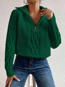 SHEIN Cottnline Women's Solid Color Half-Zip Casual Raglan Sleeve Knit Pullover Sweater - Dark Green - View 6